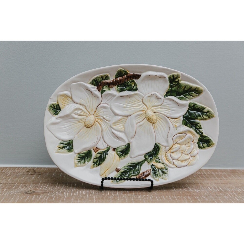 Vintage Magnolia Ceramic Platter Raised Floral Serving Tray 1990s
